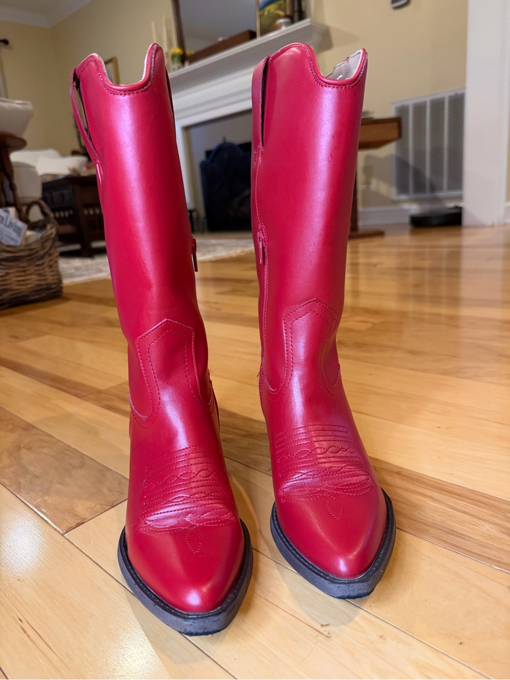 Vibrant Red Western Cowboy Boots | Pointed Toe Vegan Faux Leather Mid-Calf Boots - Picture 3 of 10